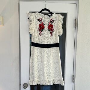 White Lace Dress with Red Floral Embroidery